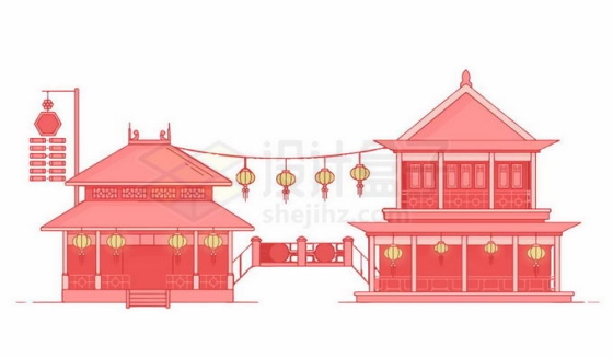 红色中国古建筑楼阁小桥9475117免抠图片素材