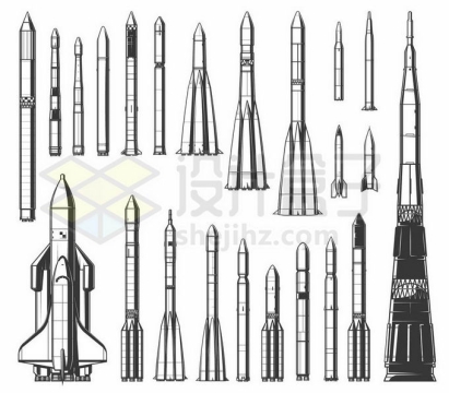 各种各样的运载火箭黑色线条插画7928220矢量图片免抠素材