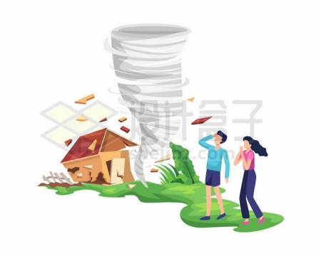 龙卷风将房子刮倒了面对自然灾害无助的卡通夫妻8946931矢量图片免抠素材