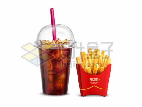 透明塑料一次性杯子中的加冰可口可乐和薯条美味快餐8975081矢量图片免抠素材免费下载