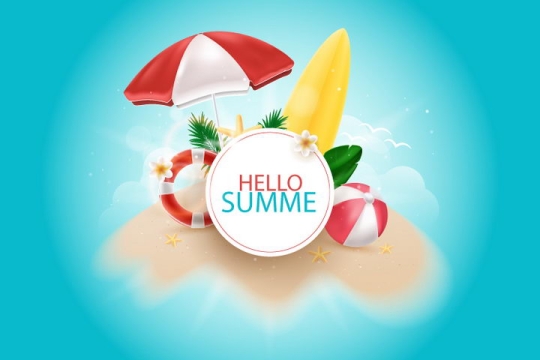 唯美风格的夏日热带海岛旅行标题框装饰遮阳伞救生圈等免抠矢量图片素材