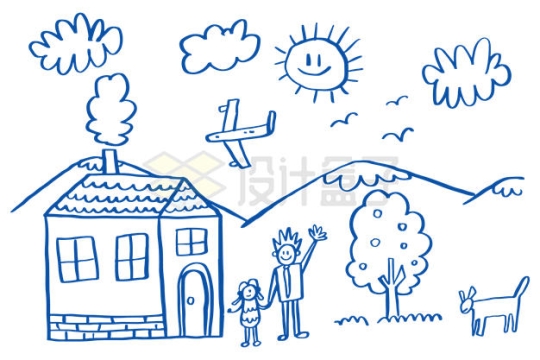 卡通太阳和家乡的房子儿童手绘画9362348矢量图片免抠素材