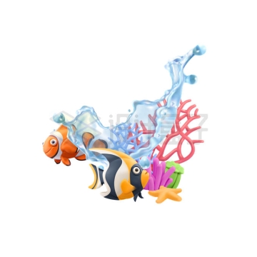 海水水花和小丑鱼角镰鱼珊瑚等海底世界5656330矢量图片免抠素材