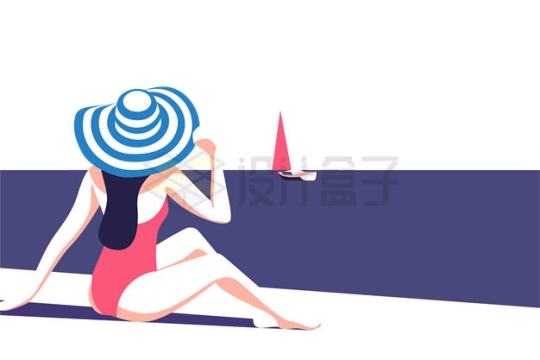 夏天美女坐在沙滩上的背影插画9718833矢量图片免抠素材