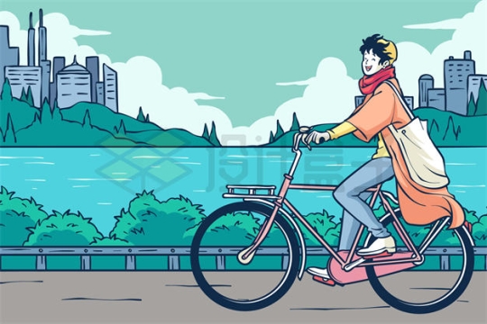卡通文艺青年骑自行车在河边2645686矢量图片免抠素材下载