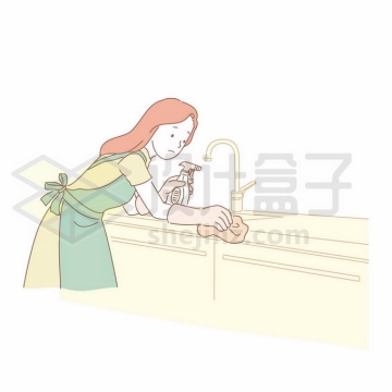 卡通女人正在用清洁剂认真擦拭厨房打扫卫生手绘线条插画3242082矢量图片免抠素材