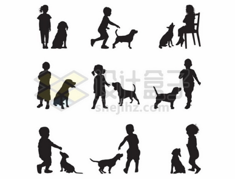 9款儿童和狗狗宠物狗玩耍剪影894540eps矢量图片素材