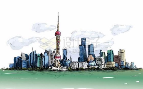 彩绘风格黄浦江对岸的陆家嘴上海城市CBD高楼大厦建筑风景1881230矢量图片免抠素材