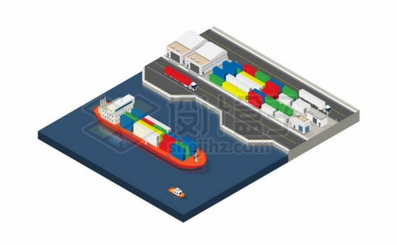 2.5D风格准备停靠在港口的集装箱货轮7847711矢量图片免抠素材