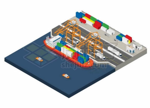 2.5D风格停靠在港口的集装箱货轮正在卸货7469965矢量图片免抠素材