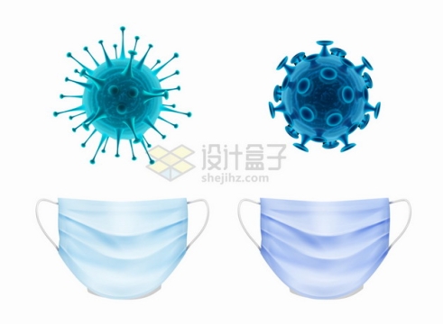 2款蓝色3D立体新型冠状病毒和一次性医用口罩png图片素材