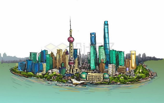 彩绘风格上海黄浦江对岸的陆家嘴东方明珠高楼大厦建筑风景9694098矢量图片免抠素材