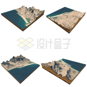 4个不同角度的海边干旱地带的山脉3D沙盘地形图鸟瞰图2679106PSD免抠图片素材