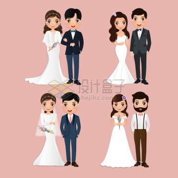 4款卡通结婚新人拍婚纱照的新婚夫妇png图片免抠矢量素材