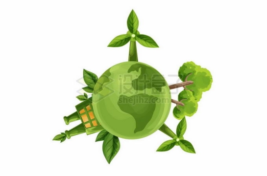 绿色地球上树叶组成的风力发电机和绿色大树象征了清洁能源1775369矢量图片免抠素材