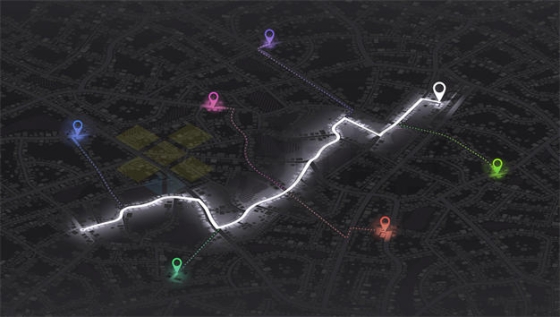 暗黑风格城市地图和醒目发光彩色导航线路与定位标志1601304矢量图片免抠素材下载