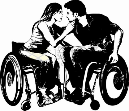 两个坐在轮椅上残疾人情侣接吻黑白插画png图片素材