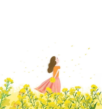 彩绘风格春天站在油菜花田里的少女png图片免抠素材