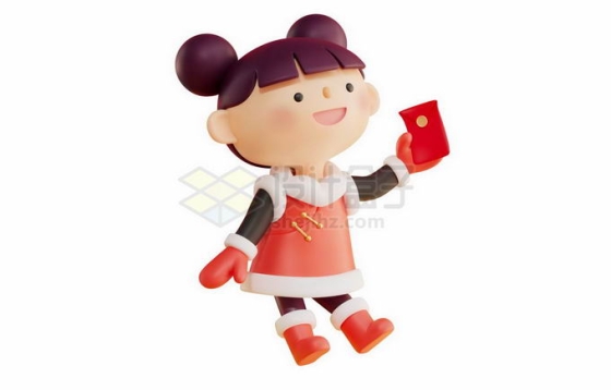 3D风格新年春节过年的时候拿着红包的卡通小女孩6110152矢量图片免抠素材