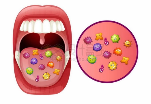 张开的嘴巴露出舌头上的各种卡通细菌口腔卫生插画2441228矢量图片免抠素材
