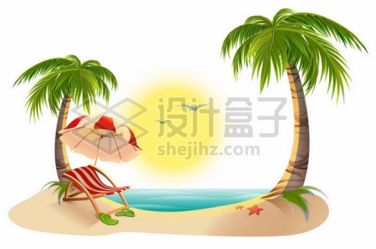 海边沙滩上的椰子树和躺椅热带海岛旅游9093752矢量图片免抠素材
