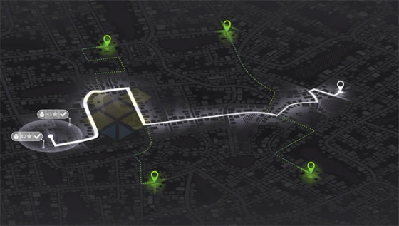 暗黑风格城市地图和醒目发光绿色导航线路与定位标志6214782矢量图片免抠素材下载