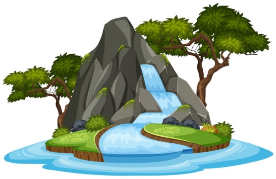 卡通风格小岛上的瀑布和树木等自然景观图片免抠矢量素材