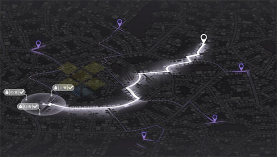暗黑风格城市地图和醒目发光紫色导航线路与定位标志2665186矢量图片免抠素材下载
