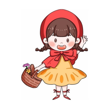 提着篮子挥手打招呼的小红帽卡通小女孩童话人物插画9754753图片免抠素材