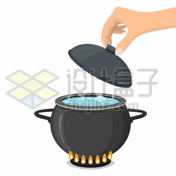 煤气灶上掀开盖子的黑色陶器砂罐砂锅煲汤锅瓦罐厨房用具8292167矢量图片免抠素材免费下载