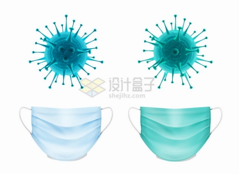 3D立体新型冠状病毒和淡蓝色一次性医用口罩png图片素材