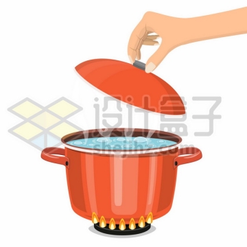 煤气灶上掀开盖子的红色汤锅厨房用具4488591矢量图片免抠素材免费下载