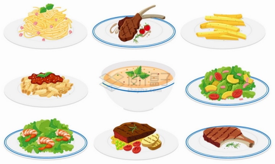 白色瓷盘上的面条牛排薯条通心粉蔬菜色拉等美味美食营养晚餐png图片免抠矢量素材