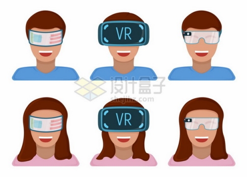 6个戴着VR眼镜玩虚拟现实技术的卡通头像984855png图片素材