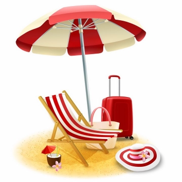 红白色相间的遮阳伞和沙滩躺椅红色行李箱等海边旅游png图片免抠eps矢量素材