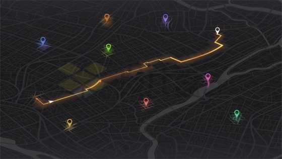 暗黑风格城市地图和彩色定位标志橙色导航线路7285756矢量图片免抠素材下载
