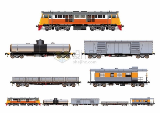 金属风格的货运火车头和油罐车散货车厢等png图片素材