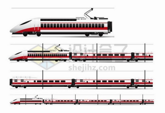 4款红白相间的高铁动车列车车厢侧视图png图片免抠矢量素材
