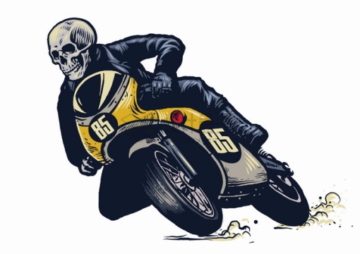 骷髅头骑手骑着一辆摩托车比赛漫画插画png图片素材