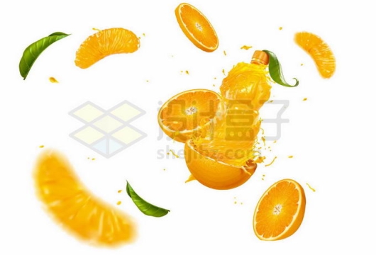 切片的橙子橘子和飞舞的树叶橙汁广告效果6024591矢量图片免抠素材
