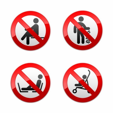 禁止坐卧扔垃圾婴儿车等标志png图片免抠素材