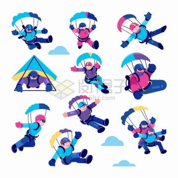 10款跳伞降落伞滑翔伞等极限运动卡通插画png图片素材