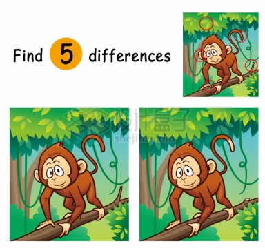 儿童益智游戏插图树上的猴子找茬找不同配图png图片免抠素材