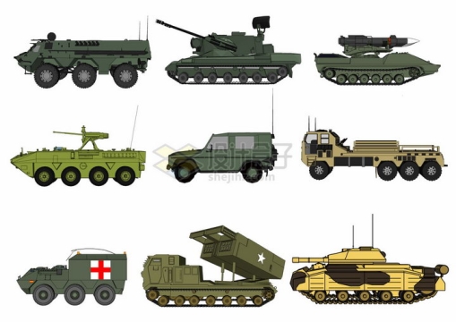 装甲输送车高射炮吉普车火箭发射车坦克等军事装备png图片素材