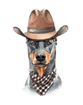 彩色手绘油画风格戴帽子的杜宾犬宠物狗图片免抠素材