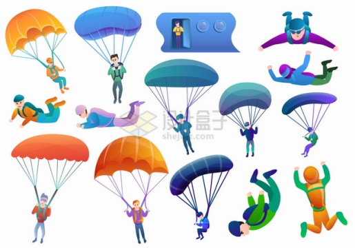各种打开降落伞跳伞极限运动卡通插画png图片素材