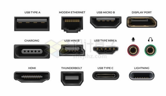USB/HDMI/闪电接口雷电接口网线接口等数据接口8524530矢量图片免抠素材