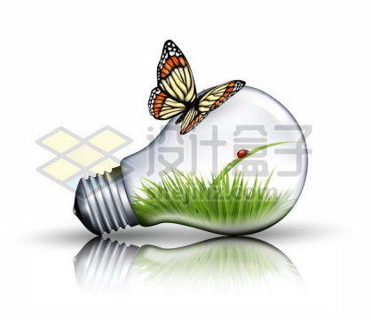 电灯泡白炽灯中的青草和瓢虫以及蝴蝶抽象绿色自然清洁能源2464966矢量图片免抠素材免费下载