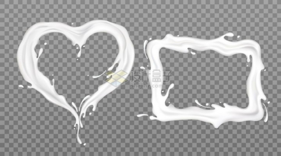 乳白色牛奶组成心形边框和方形边框png图片免抠矢量素材