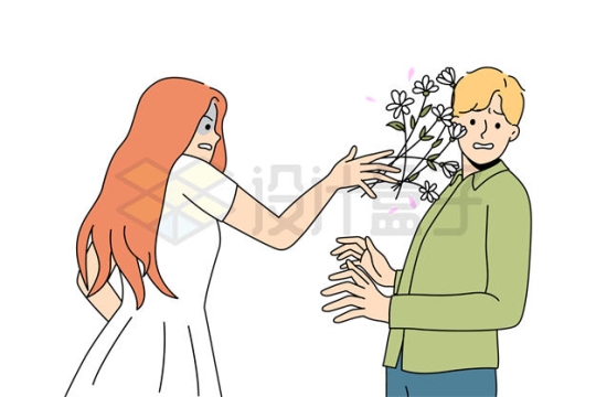 情侣吵架爱情破裂分手女孩将花扔到男孩身上插画7707007矢量图片免抠素材